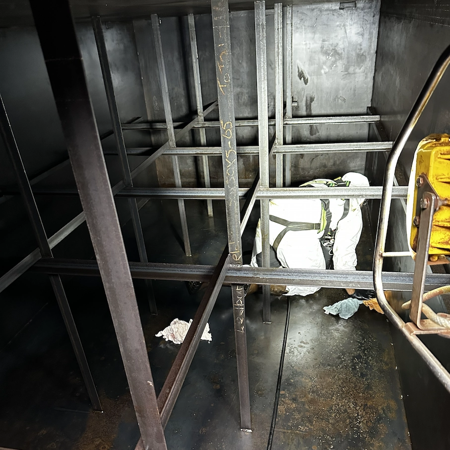 Inside view of the 40,000L tank during decontamination